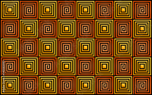 seamless geometric pattern, yellow and orange squares, rectangular shapes, repeating squares with black lines on it, scaling squares and twisted spiral,