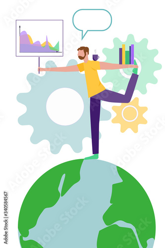 Vector illustration of the concept of life and work balance, of meditation and yoga during working hours, thought process. Young man doing yoga with multitask. Flat vector