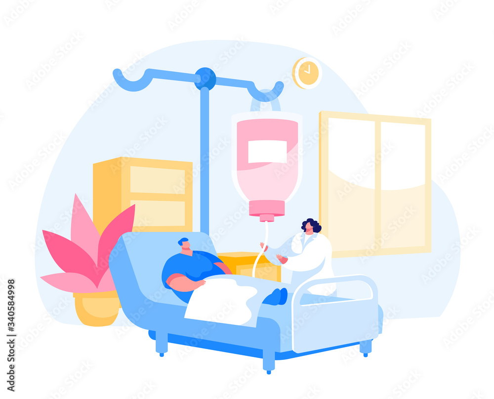 Man Character Lying in Clinic Department Chamber in Hospital Applying Treatment. Nurse Stand near Patient Bed during Appointment Watching on Dropper, Health Care Cartoon People Vector Illustration Man Character Lying in Clinic Department Chamber in Hospital Applying Treatment. Nurse Stand near Patient Bed during Appointment Watching on Dropper, Health Care Cartoon People Vector Illustration