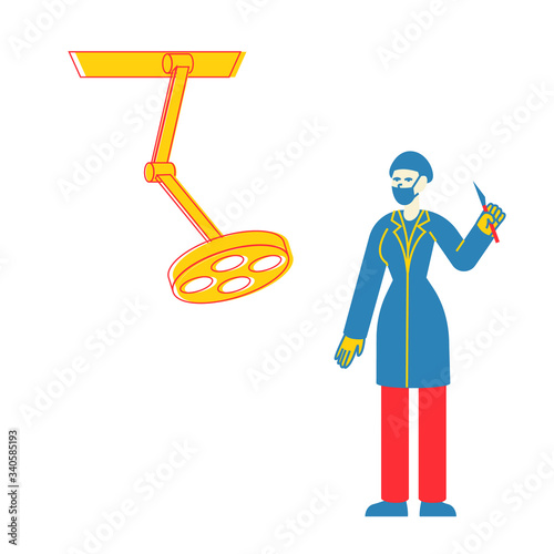 Staff with Medical Tool Knife Emergency Treatment, Health Care. Surgeon Character with Scalpel Prepare to Make Operation in Surgery Room with Lighting Equipment in Hospital. Linear Vector Illustration