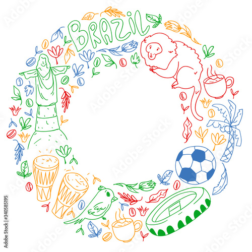 Brazil. Vector pattern with brazilian icons and symbols. Travel and fesitval.