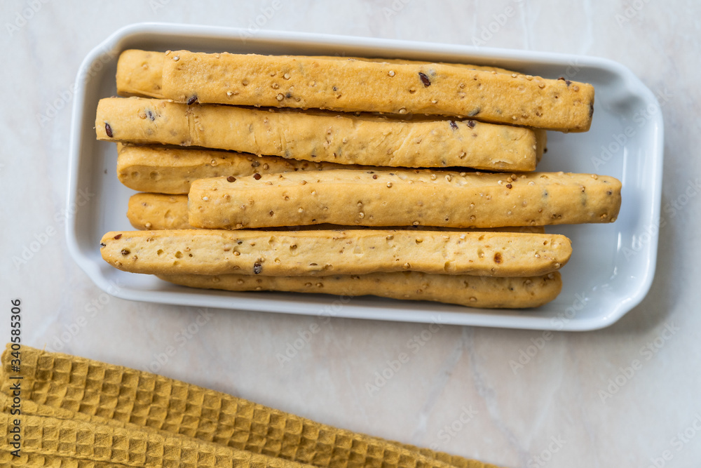 Italian Bread Sticks Grissini with Quinoa and Flax Seeds.