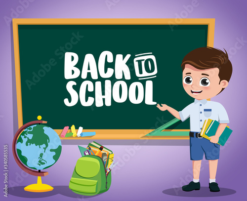 Back to school kid vector character design. Back to school text in chalkboard with boy pre-school, student character and educational elements in violet background. Vector illustration.
