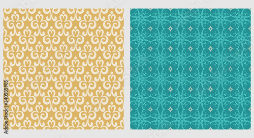 Decorative Backgrounds In Retro Style. Samples Textile, Fabric, Interior Design. Colors: Green, Gold. Seamless Pattern.