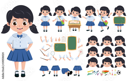Student girl in uniform character creation, kit vector set. pre-school, student in uniform editable and in different face head, hand and body gesture for education elements. Vector illustration.
