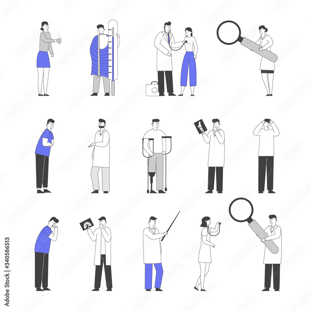 Set of Doctors and Patients Characters. Handicapped People with Leg Fracture and Prosthesis, X-rays and Mri Scanner Image. Sick Person Treatment in Medical Clinic Chamber. Linear Vector Illustration Set of Doctors and Patients Characters. Handicapped People with Leg Fracture and Prosthesis, X-rays and Mri Scanner Image. Sick Person Treatment in Medical Clinic Chamber. Linear Vector Illustration