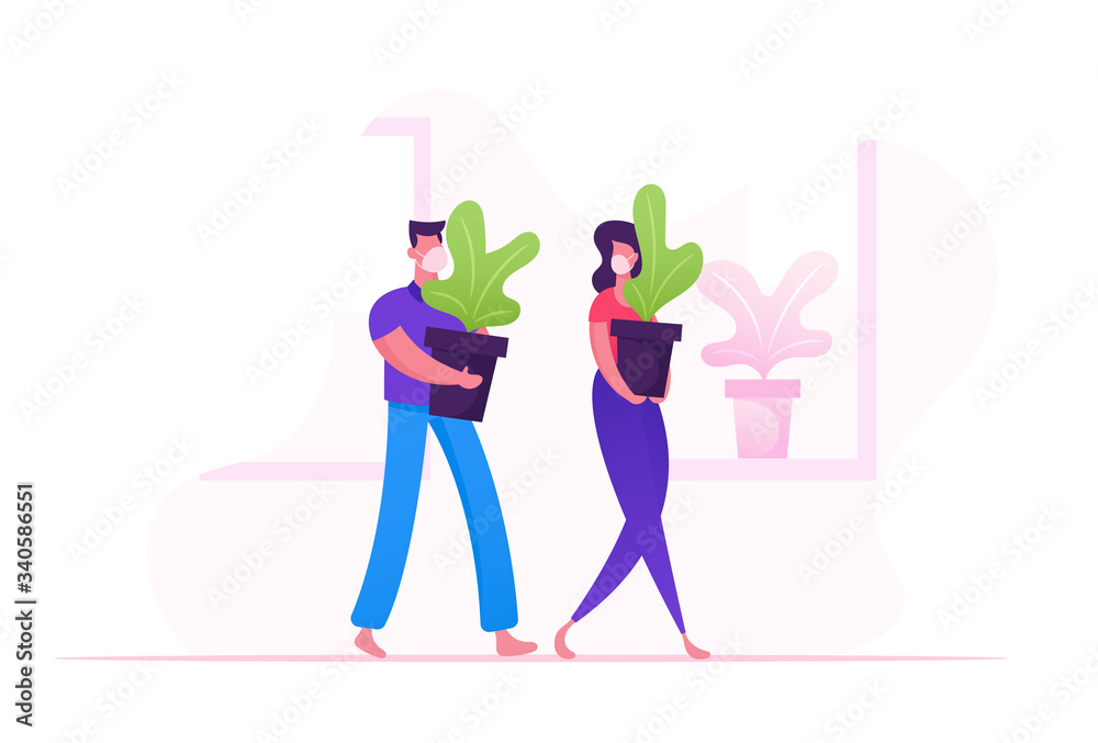 Man and Woman in Medical Mask Carry Flowerpots with Plants. Couple Characters Care of Homeplants, Everyday Routine during Covid19 Pandemic Quarantine Self Isolation. Cartoon People Vector Illustration Man and Woman in Medical Mask Carry Flowerpots with Plants. Couple Characters Care of Homeplants, Everyday Routine during Covid19 Pandemic Quarantine Self Isolation. Cartoon People Vector Illustration