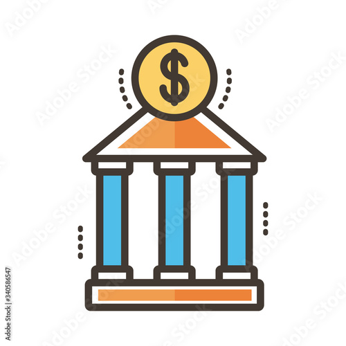 coin dollar with bank building line and fill style icon