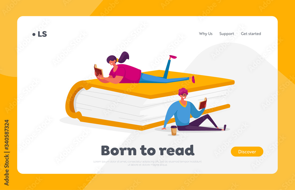 People Reading Sitting on Huge Book Landing Page Template. Young Woman and Man Students Spend Time in Library or Prepare for Examination Characters Gaining Knowledge. Cartoon Vector Illustration