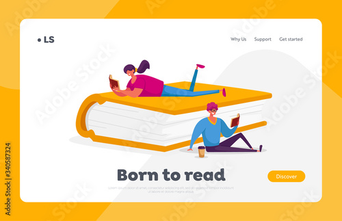 People Reading Sitting on Huge Book Landing Page Template. Young Woman and Man Students Spend Time in Library or Prepare for Examination Characters Gaining Knowledge. Cartoon Vector Illustration © Hanna Syvak