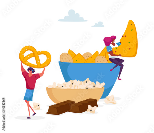 Tiny Female Character Taking Cookies and Pretzel from Huge Plate, Chocolate Bar below. People Eating Snack and Fast Food in Cafe, Junk Meal and Unhealthy Nutrition Concept. Cartoon Vector Illustration