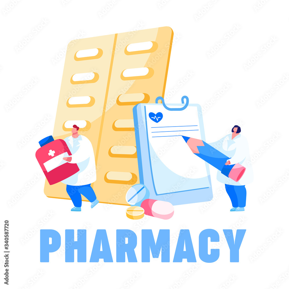 Doctors Character Carry Huge Medicine Bottle and Writing Recipe for Treating Disease, Illness Prevention, Pandemic Spreading or Painkiller Poster Banner Flyer. Cartoon People Vector Illustration Doctors Character Carry Huge Medicine Bottle and Writing Recipe for Treating Disease, Illness Prevention, Pandemic Spreading or Painkiller Poster Banner Flyer. Cartoon People Vector Illustration