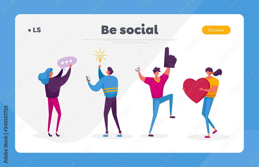 Smm Landing Page Template. Young People Characters Chatting in Social Media Networks, Communicate Online with Mobile Devices as Smartphones with Social Media Icons in Hand. Cartoon Vector Illustration