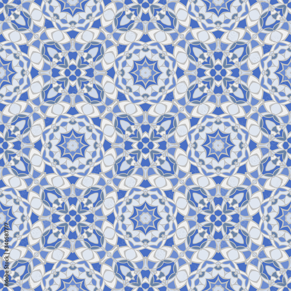 Creative color abstract geometric pattern in blue, vector seamless, can be used for printing onto fabric, interior, design, textile, pillow, tiles.