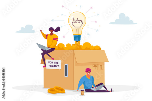 Tiny Male and Female Characters Sitting at Huge Carton Box with Coin Slot and Glow Light Bulb Developing Creative Idea, People Collect Money Using Crowdfunding Platform. Cartoon Vector Illustration