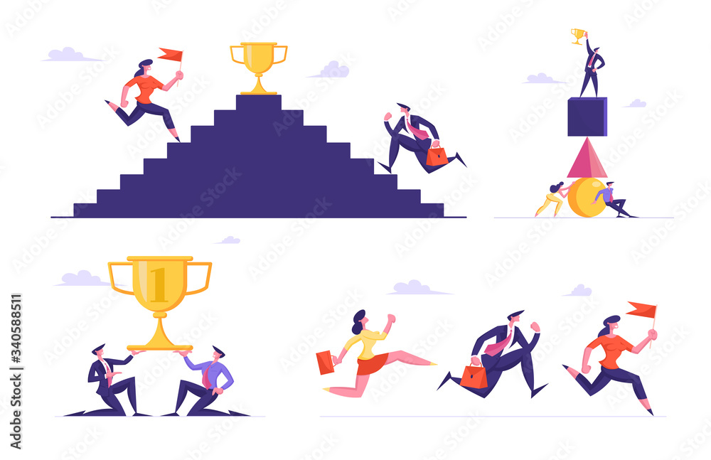 Set of Male and Female Business People Characters Climbing Upstairs to Grab Golden Goblet, Building Pyramid, Racing Competition. Leadership and Career Challenge, Aiming. Cartoon Vector Illustration
