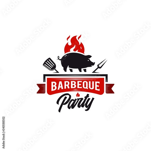 barbeque BBQ logo invitation icon with pig pork and crossed spatula fork, hipster style illustration with realistic ribbon and fire flame element 