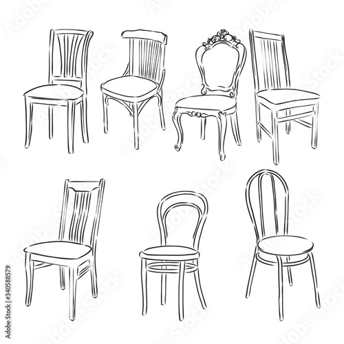 Furniture set. Interior detail outline collection: chair, armchair, stool. wooden chair vector sketch illustration