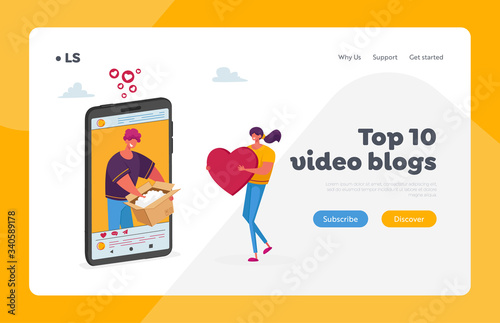 Review for Product Landing Page Template. Blogger Character Open Parcel Shooting Blog Recording Video with Parcel Opening on Huge Smartphone Screen, Woman Give Like. Cartoon People Vector Illustration
