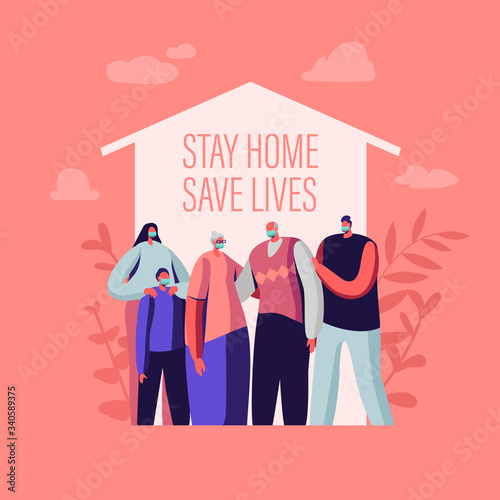 Stay at Home, Self Isolation Concept. Male and Female Characters Wearing Medical Masks Stand under House Roof. Family of Parents, Grandparents and Kids Quarantine. Cartoon People Vector Illustration