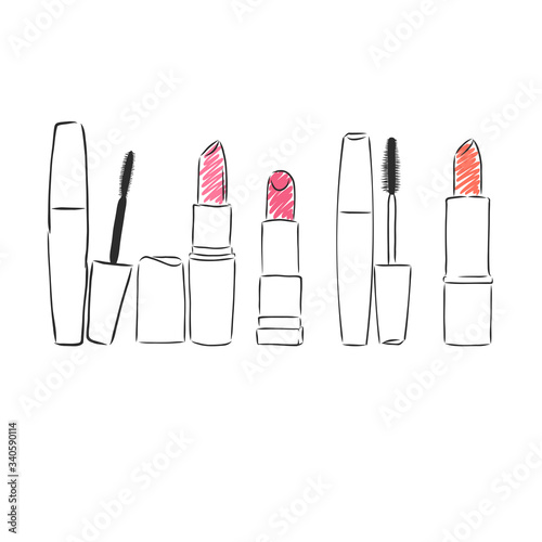 Fashion cosmetics . Beauty cosmetics make up set. Hand drawn make up design elements. Fashion make up illustration