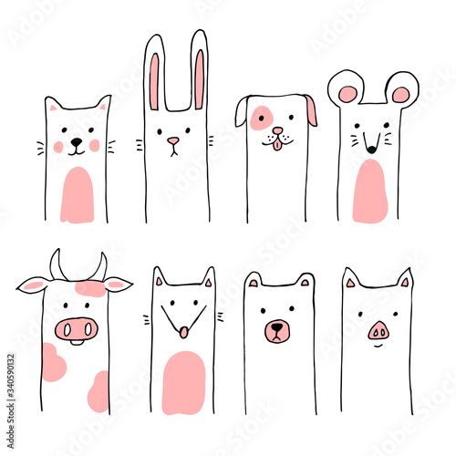Cute doodle animals. Cat, rabbit, dog, mouse, cow, fox, bear, pig.