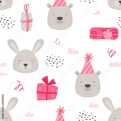 Girl Pink Colored Woodland Paper or Fabric Design with Scandinavian Teddy Animals. Seamless Pattern, Baby Background with Cute Bear and Rabbit in Birthday Hats and Gifts. Cartoon Vector Illustration