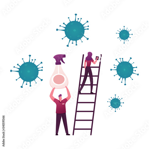Male and Female Characters Disinfect Shop Equipment. Man Holding Huge Sprayer with Antibacterial Liquid Disinfectant, Woman Stand on Ladder Cleaning Things in Store. Cartoon People Vector Illustration