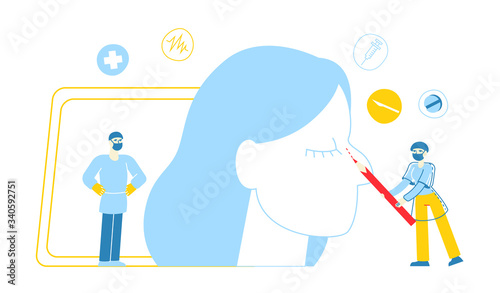 Rhinoplasty Concept. Doctor Surgeon Character Examining Patient Nose before Surgery, Drawing Red Dotted Line with Marker on Woman Face. Medical Aid, Healthcare, Cosmetology. Linear Vector Illustration