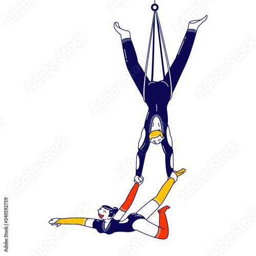 Male and Female Aerial Acrobats Characters Hanging on Ropes under Circus Dome Performing Dangerous Stunt. Man Holding Woman by Hand and Leg. Air Gymnastics Show. Linear People Vector Illustration