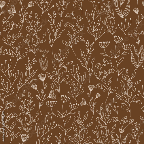 Floral seamless pattern with flowers and branches with leaves.