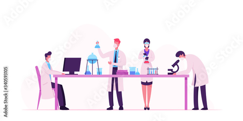 Chemistry, Pharmaceutical Scientists Characters in Chemical Laboratory Search Covid19 Vaccine with Computer, Microscope and Flasks. Science Research Process in Lab. Cartoon People Vector Illustration