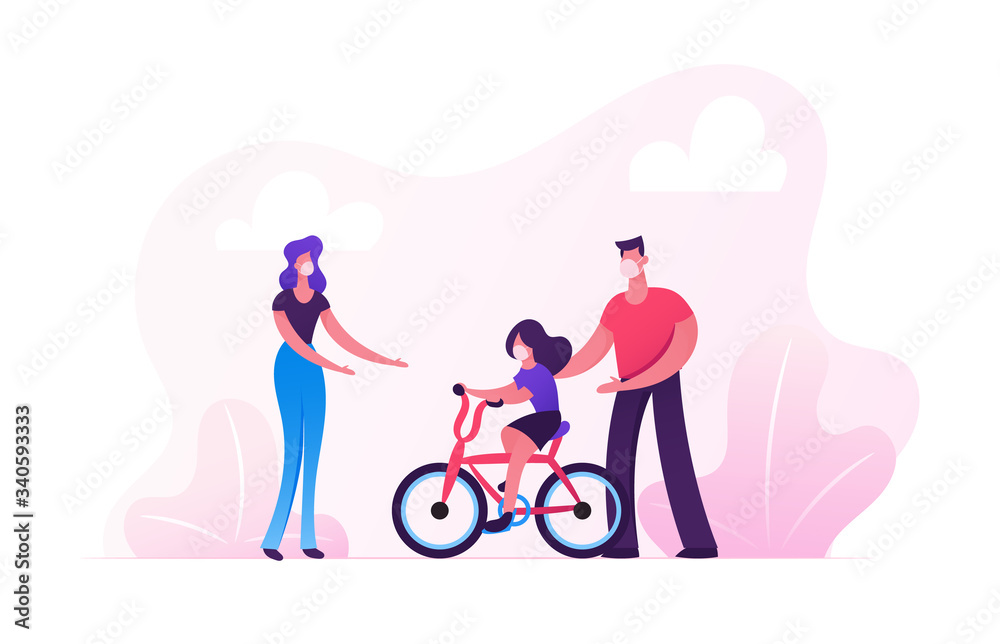 Parents Characters in Medical Mask Teaching Child Riding Bicycle in Park. Family Outdoors Activity on Street during Covid19 Pandemic. Mother, Father and Girl Walk. Cartoon People Vector Illustration Parents Characters in Medical Mask Teaching Child Riding Bicycle in Park. Family Outdoors Activity on Street during Covid19 Pandemic. Mother, Father and Girl Walk. Cartoon People Vector Illustration
