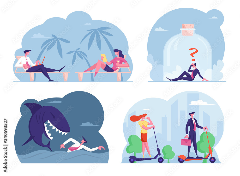 Set Male and Female Business People Characters Working Distant from Exotic Resort, Escape Shark in Ocean, Sitting in Huge Glass Jar, Riding Electric Scooter in City Park. Cartoon Vector Illustration