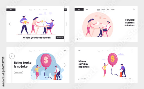 Business Idea Project and Inflation Landing Page Template Set. Male and Female Characters Share Insights with Boss in Office, Businessman Inflating Air Balloon. Cartoon People Vector Illustration