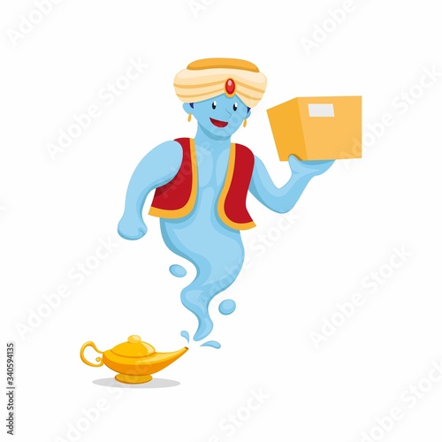 genie with magic lamp carrying package, courier express shipping and delivery mascot in cartoon flat illustration vector