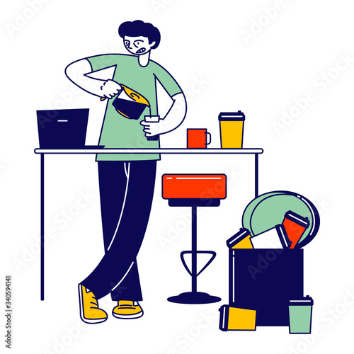 Young Man Stand on Kitchen Holding Cup in Hands Pouring Coffee with Many Dirty Mugs around at Home. Male Character Having Caffeine Addiction, Bad Habit, Drink Beverage. Linear Vector Illustration