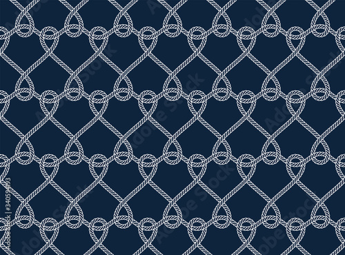 Vector ropes, fishing net, seamless. Blue background.