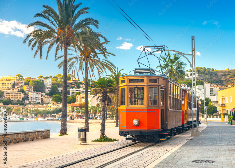 The famous orange tram runs from Soller to Port de Soller, Mallorca, Spain