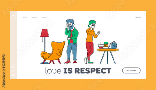 Domestic Violence and Spousal Abuse Landing Page Template. Couple Quarrel, Husband and Wife Characters Scandal, Swear at Home. Sad Offended People Feel Bad cos of Arguing. Linear Vector Illustration
