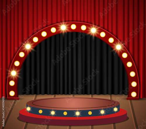 Background with black and red curtain on wooden floor