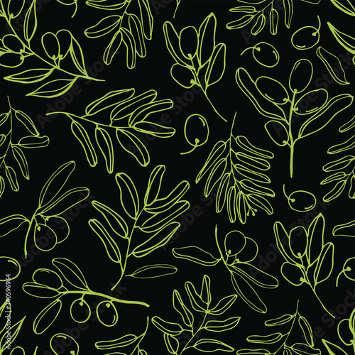 Olives seamless pattern with olive branches and fruits for Italian cuisine design or extra virgin oil food or cosmetic product packaging wrapper. Hand drawn Illustration in vector.