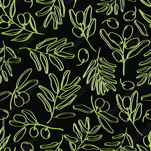 Olives seamless pattern with olive branches and fruits for Italian cuisine design or extra virgin oil food or cosmetic product packaging wrapper. Hand drawn Illustration in vector.