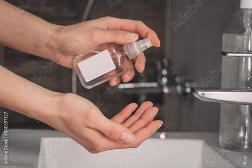use alcohol gel cleanse wash hand sanitizer antiviral bacteria dirty skin care, photo in the bathroom on the sink