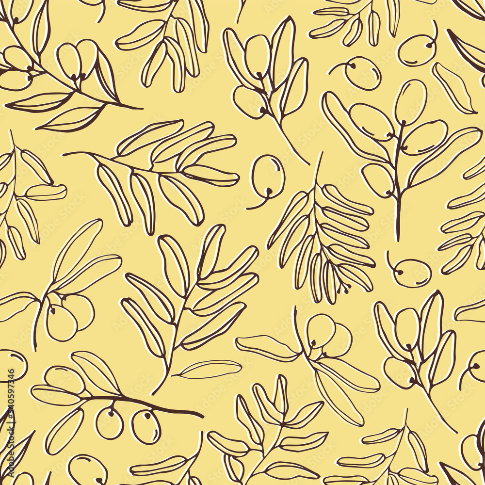 Fototapeta premium Olives seamless pattern with olive branches and fruits for Italian cuisine design or extra virgin oil food or cosmetic product packaging wrapper. Hand drawn Illustration in vector.