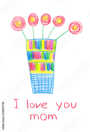 Red flowers in a colorful vase - color pencil drawing, greeting card for mother's day. I love you mum. Childish drawing, naive simple style.