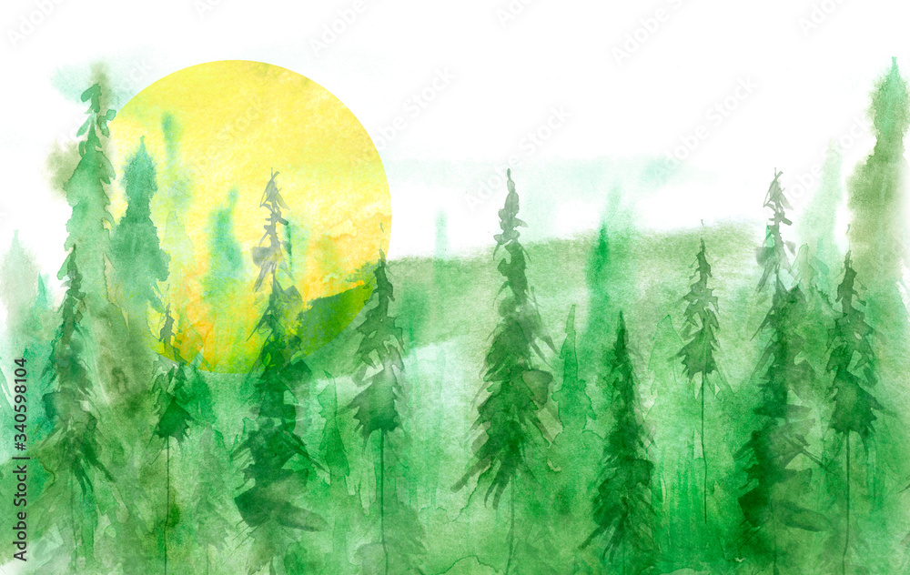 Watercolor painting, picture, 
landscape - forest, nature, tree. Green, summer trees, fir, pine, yellow sun. It can be used as logo, card, illustration.