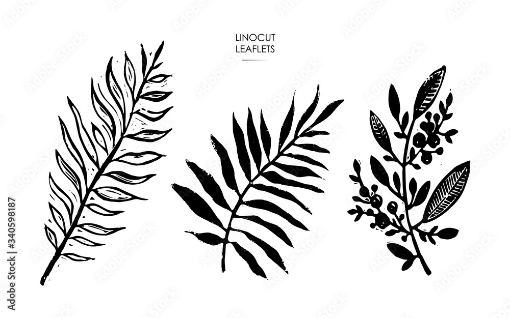 Obraz premium Linocut stamps of leaves. Vector illustration of leaflets.