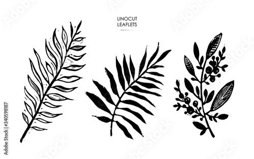 Linocut stamps of leaves. Vector illustration of leaflets.