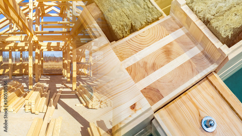 Wallpaper Mural Tree house. Fragment of the walls of a wooden building. Insulation inside a wooden building. Concept - warming frame house. Sale of insulation for the home. Process of building a cottage. Torontodigital.ca